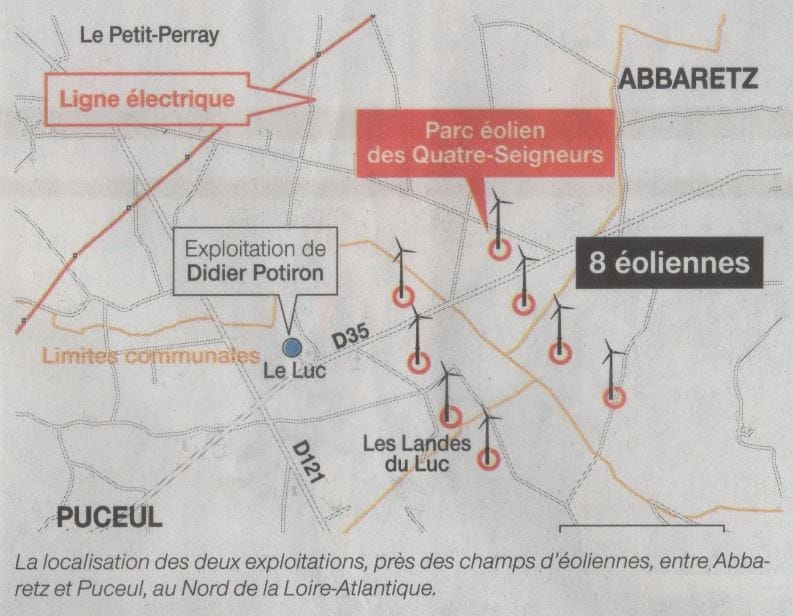 Carte localisation des 2 exploitations près des champs d'éoliennes