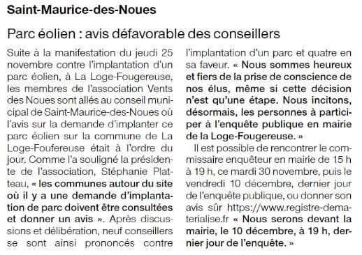 Article Ouest France du 30/11/2021
Avis défavorable du conseil municipal de St Maurice des Noues sur le projet éolien de Loge-Fougereuse