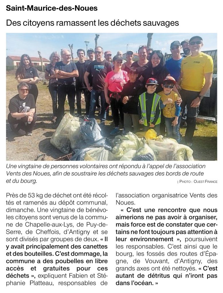 Article Ouest France du 18/04/24 Opération nettoyage par les bénévoles de l'association Vent des Noues